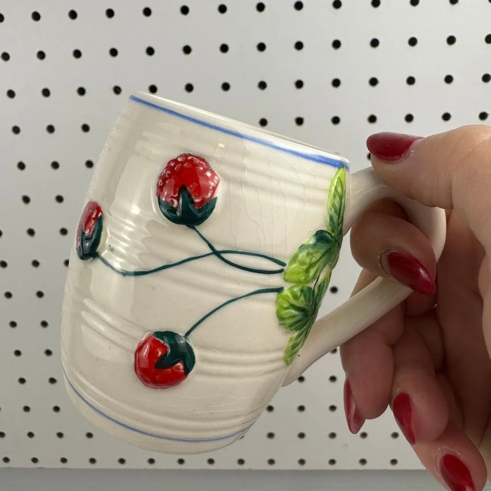 Vtg Strawberry Cup Saucer Ceramic Coffee Tea‎ Set Berry Cottagecore Kitchen
